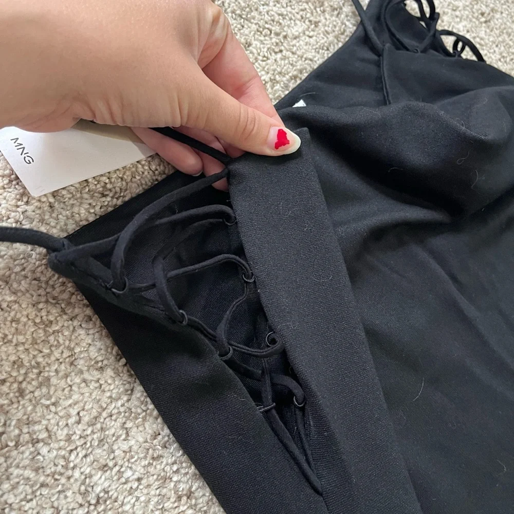 Black Midi Slip Dress with Side Lace-Up Detail - Picture 5 of 7